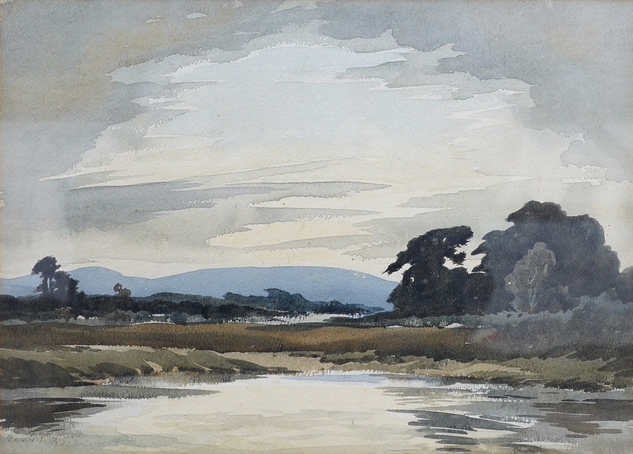 Edwin Harris (1891-1968), watercolour, 'The Arun, Pulborough', signed, label verso, 26 x 36cm. Condition - poor to fair